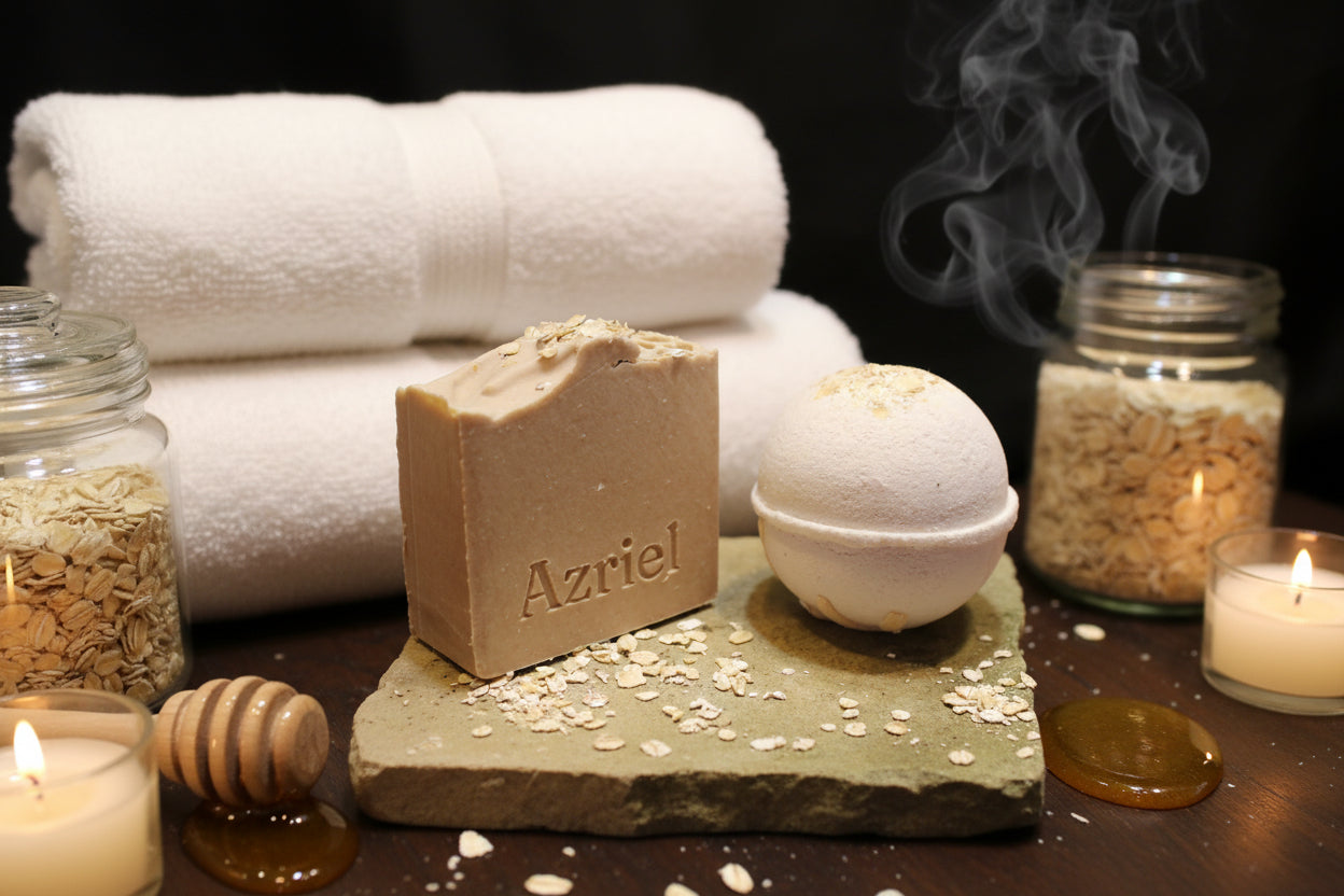 oatmeal milk and honey handcrafted soap and bath bomb duo