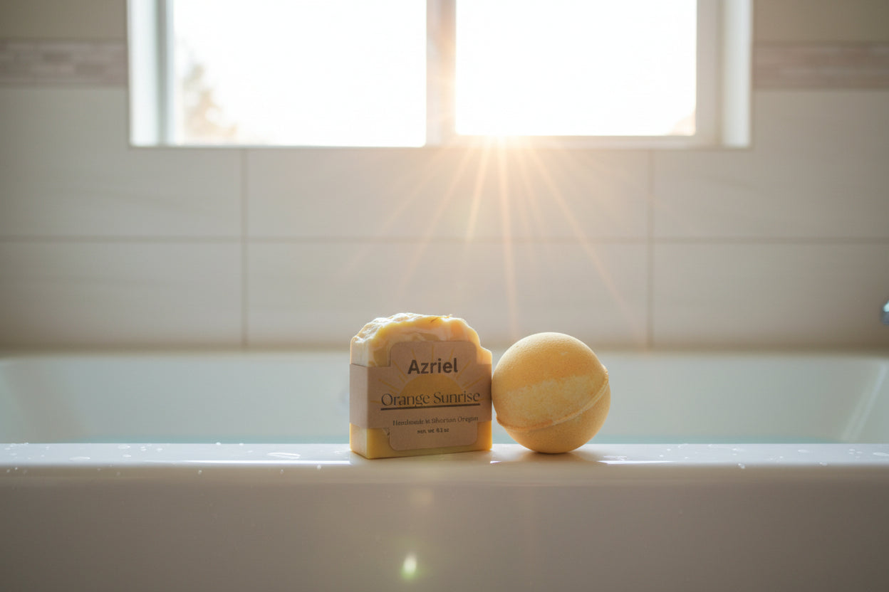 Orange sunrise handcrafted soap and bath bomb duo
