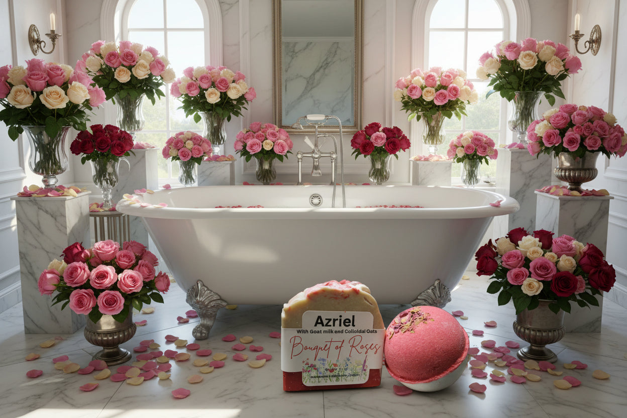 bouquet of roses soap and bath bomb