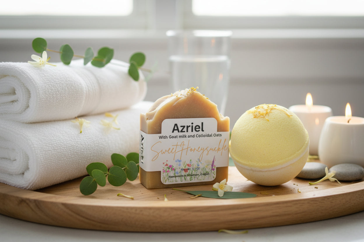 Azriel floral collection Sweet honeysuckle handcrafted soap and bath bomb duo
