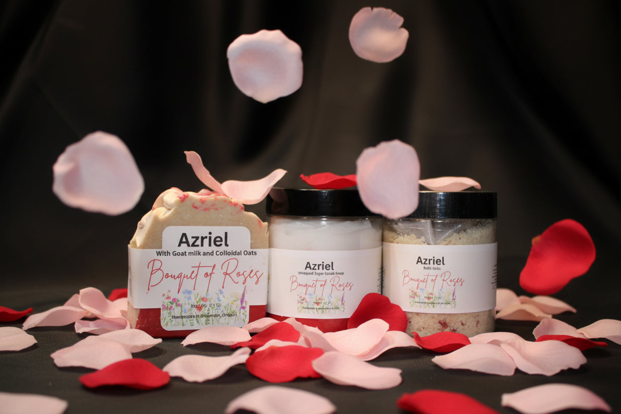Azriel Floral collection Bouquet of roses handcrafted soap, whipped sugar scrub and bath salts combo