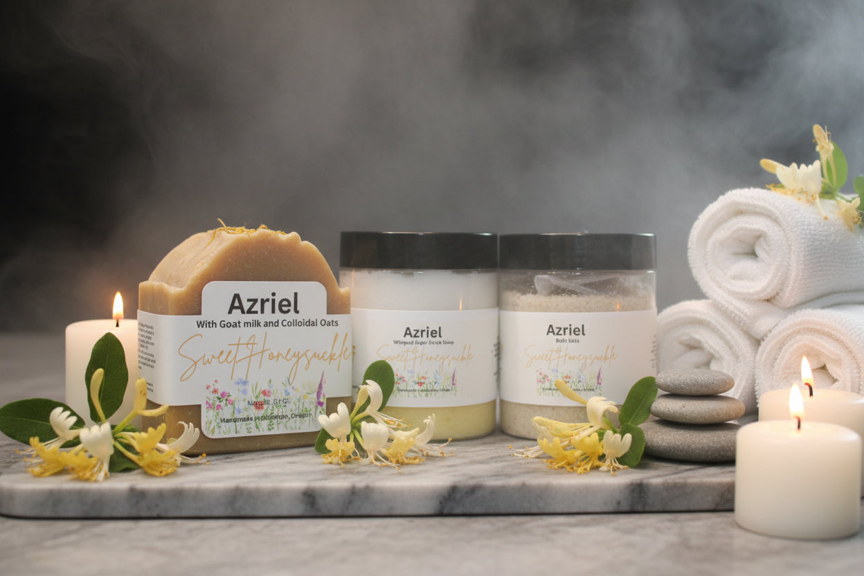 honeysuckle soap, bath salts and sugar scrub