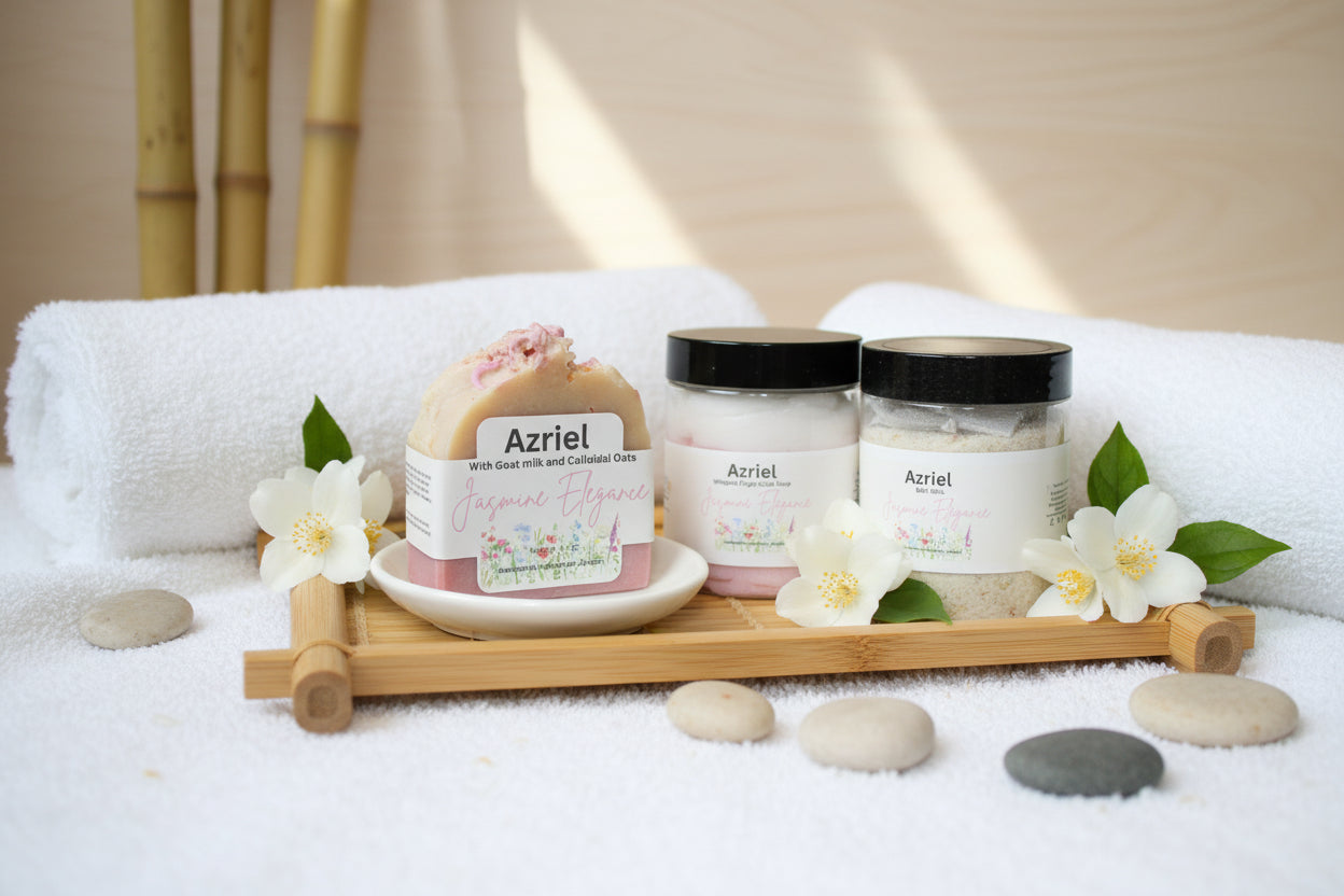 Azriel floral collection Jasmine elegance handcrafted soap, whipped sugar scrub, and bath salt spa trio