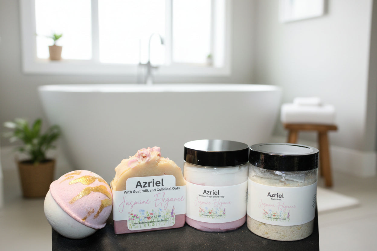 Azriel floral collection Jasmine elegance handcrafted soap, whipped sugar scrub, bath salts, and bath bomb spa collection