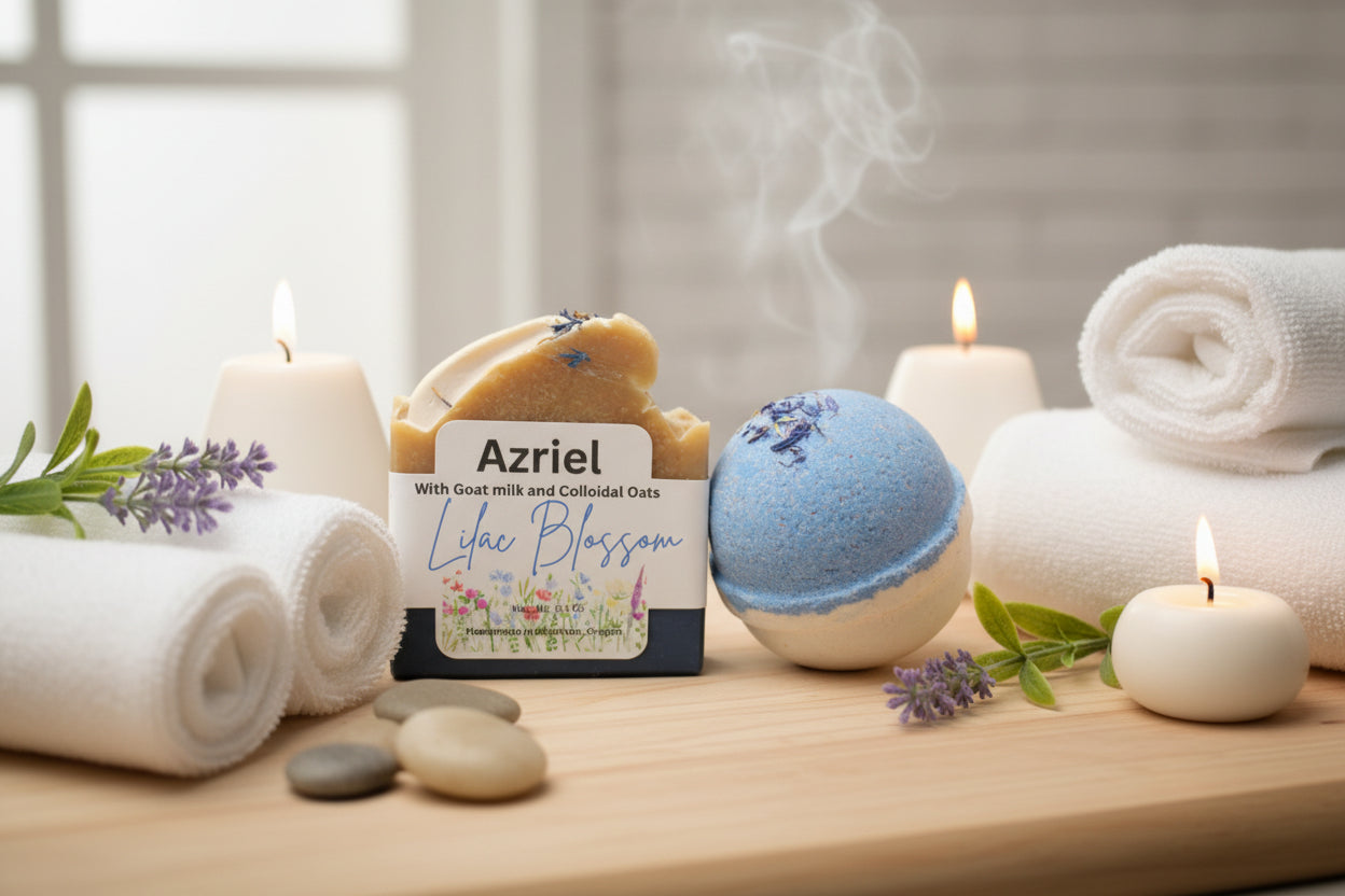 Azriel floral collection Lilac blossom handcrafted soap and bath bomb duo