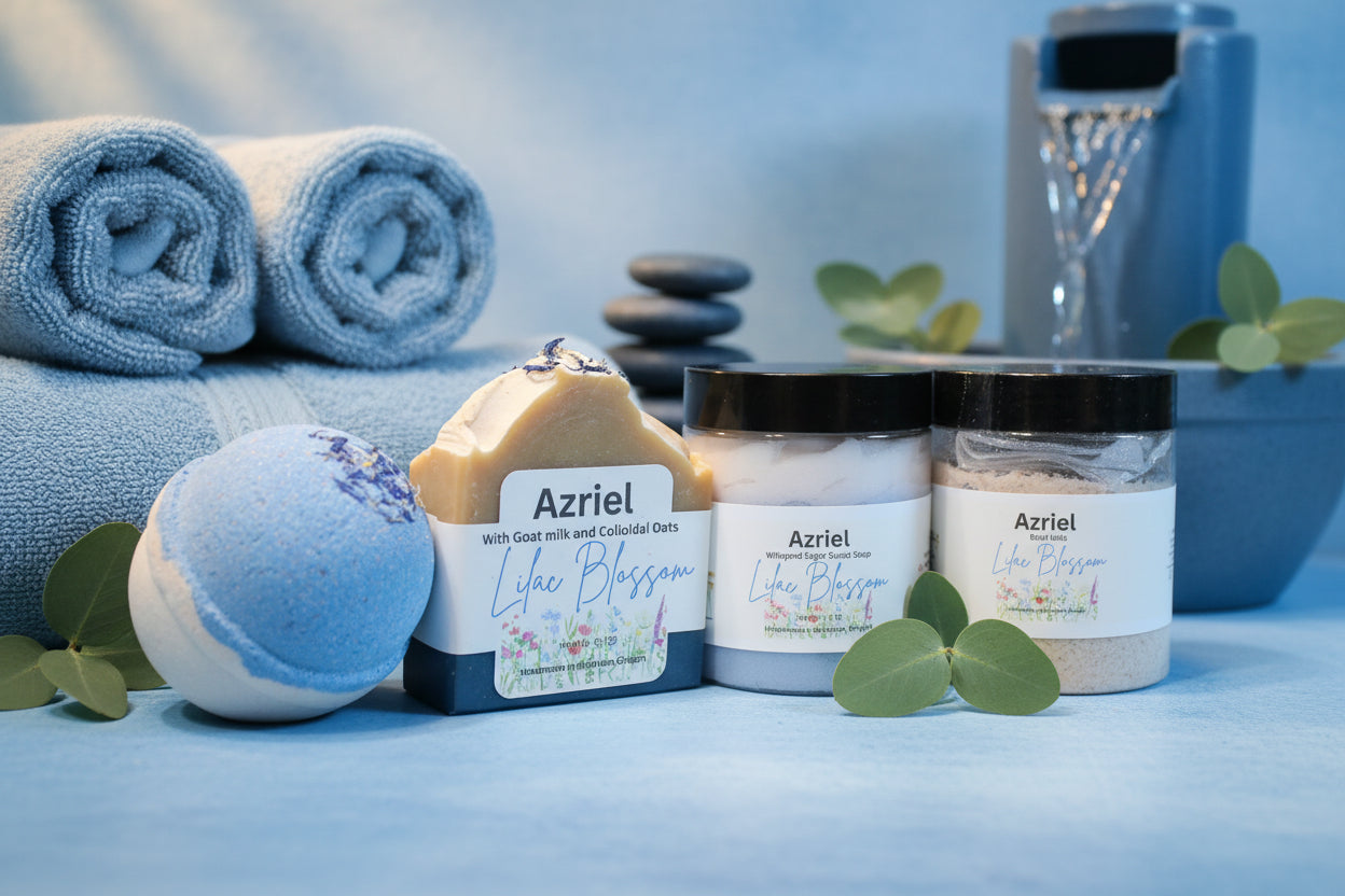 Azriel floral collection Lilac blossom handcrafted soap, whipped sugar scrub, bath salts, and bath bomb spa gift set