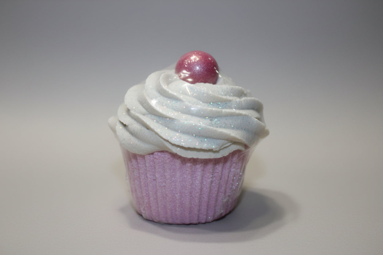 Strawberry cupcake bath bomb and bubble bath frosting with soap cherry