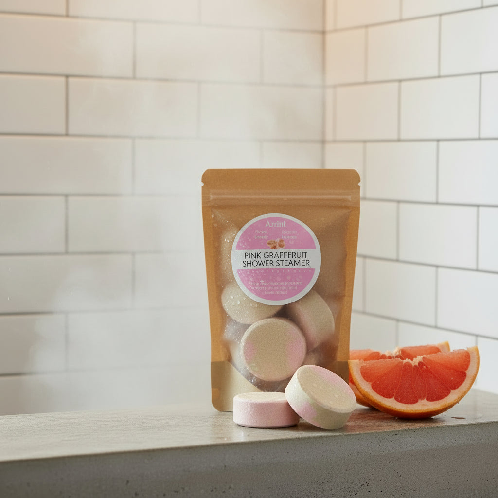 Pink grapefruit shower steamer in a clear packaging with a brown cardboard background