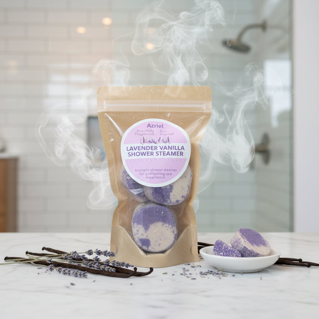 Lavender Vanilla Shower Steamer in a clear packaging with a purple label on a cardboard background.