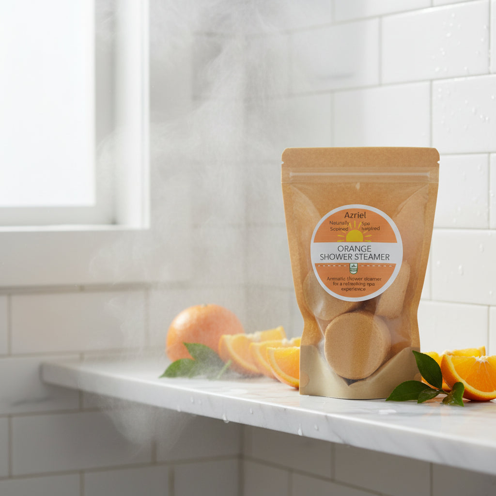 Azriel Orange Shower Steamer packaging on a cardboard background