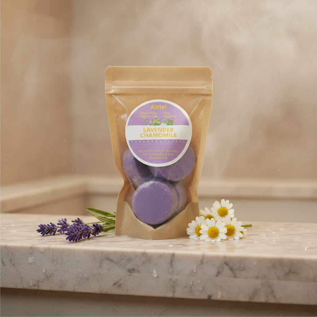 Packaged lavender chamomile product on a cardboard background