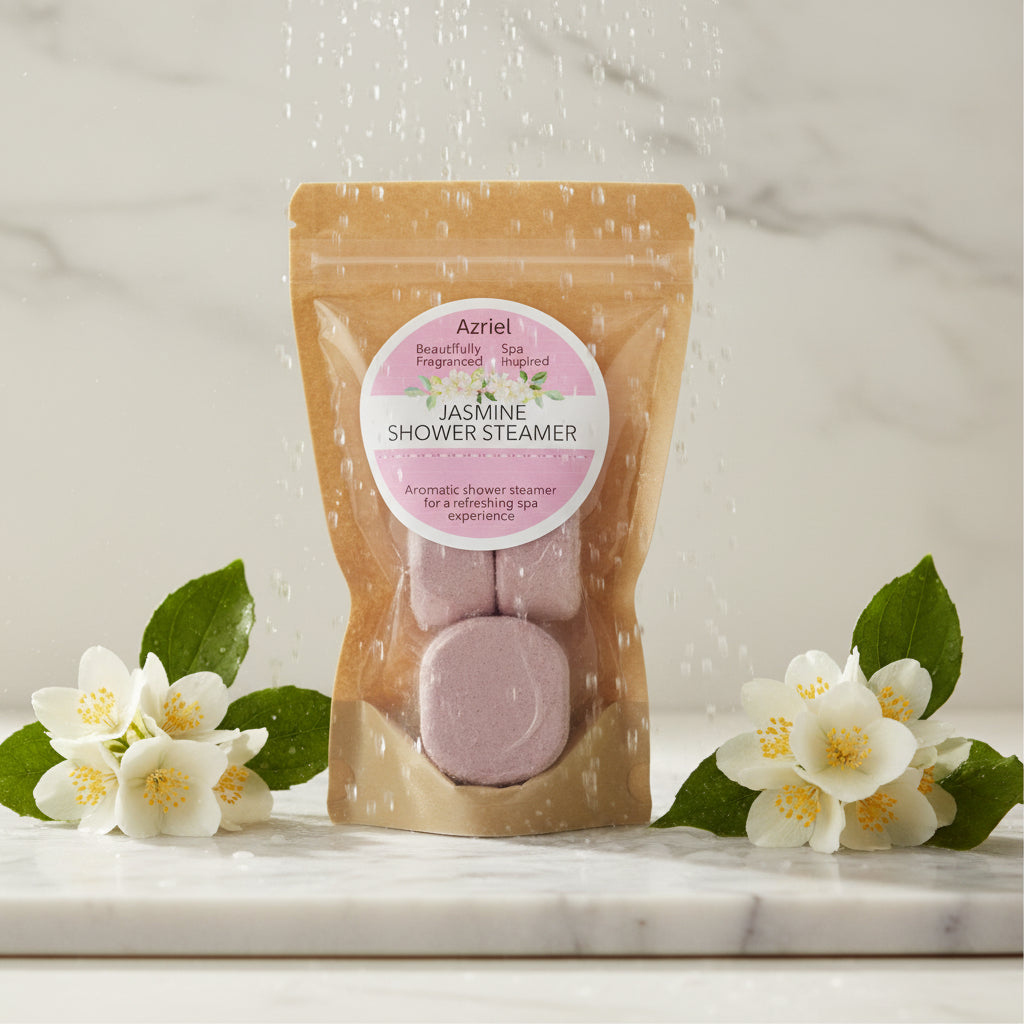 Azriel Jasmine Shower Steamer packaging on a cardboard background
