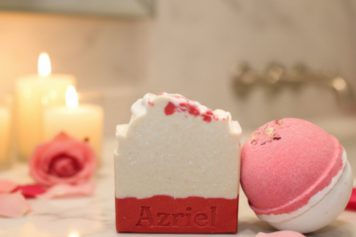 Azriel Floral collection bouquet of roses handcrafted soap and bath bomb duo