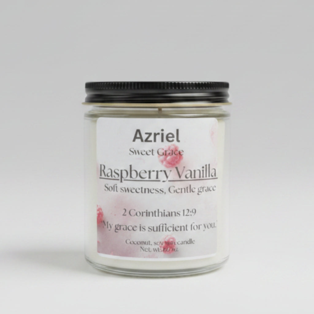 Candle jar labeled 'Azriel' with a raspberry vanilla scent on a beige background