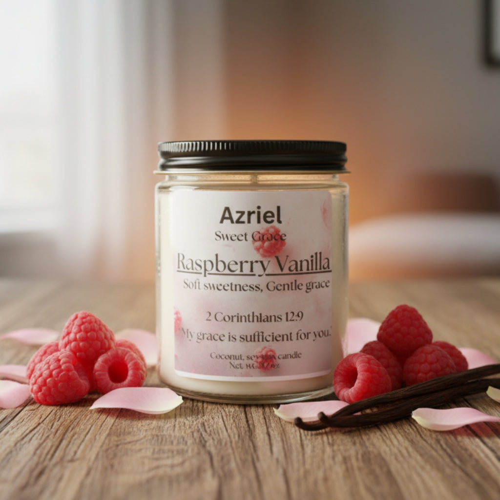 Candle jar labeled 'Azriel' with raspberry vanilla scent on a beige background