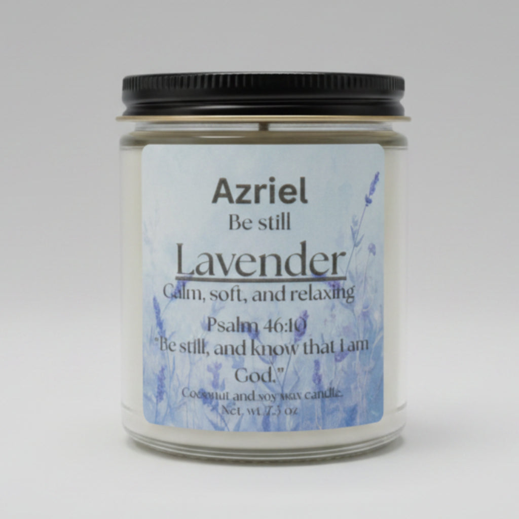 Candle jar labeled 'Azriel Lavender' with a black lid on a wooden surface