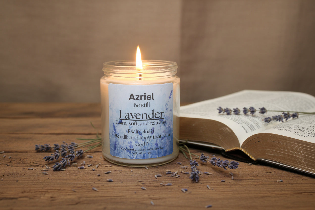Lavender candle labeled 'Azriel' with a flame against a cardboard background
