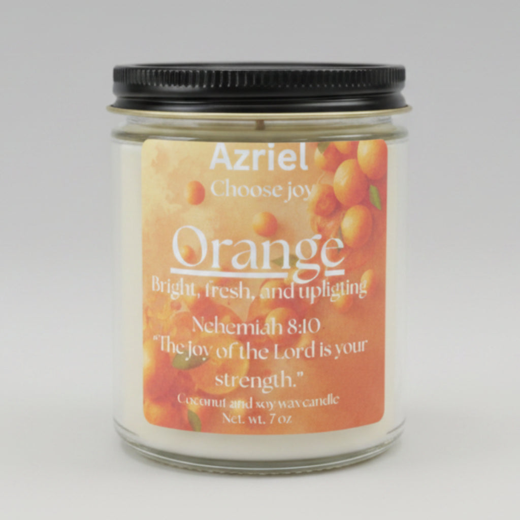 Candle jar with 'Azriel' branding and 'Orange' flavor on a beige background