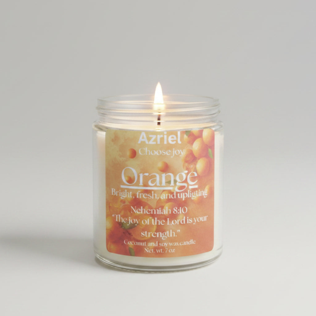 Candle in a jar labeled 'Azriel' with an orange theme on a neutral background