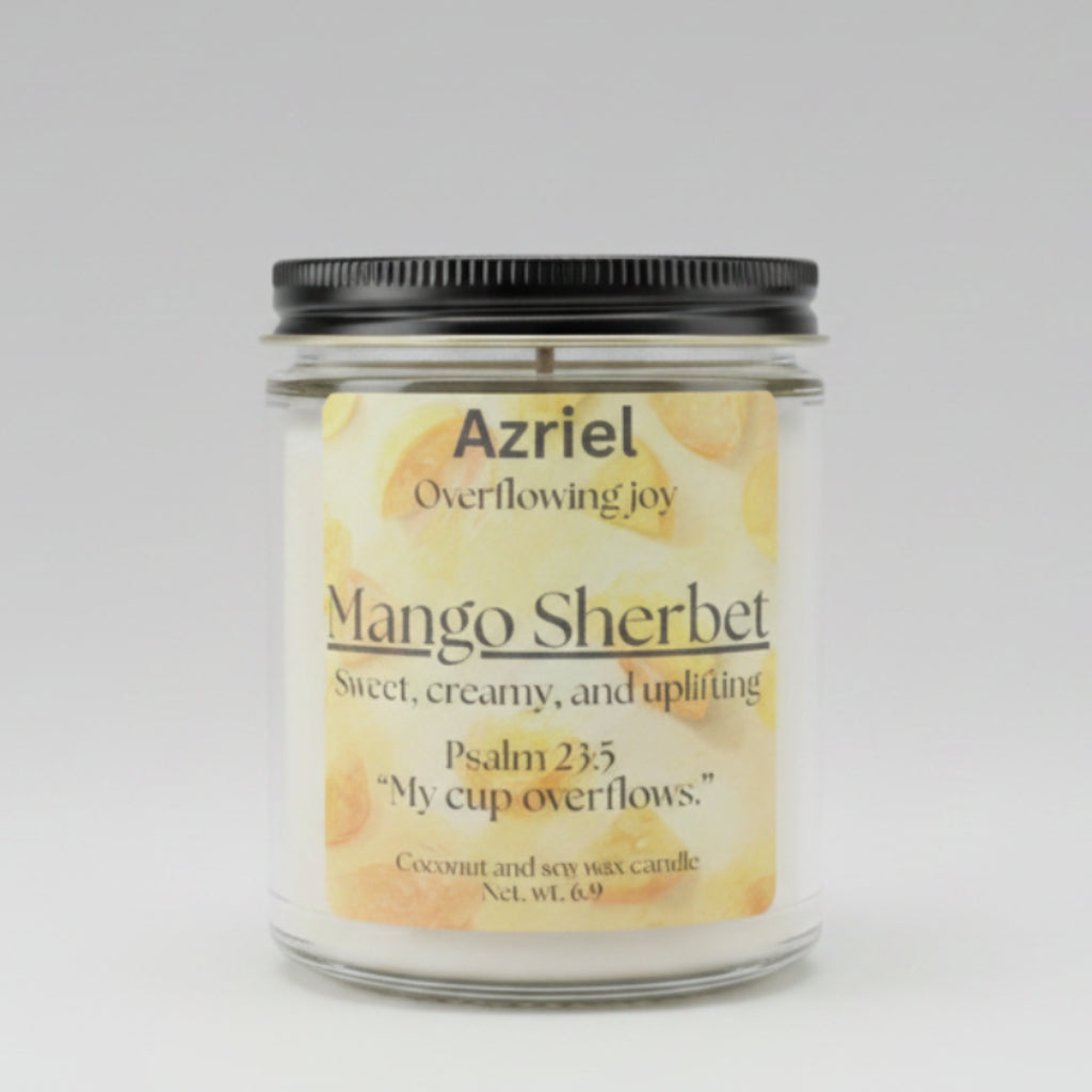 Candle jar labeled 'Azriel Mango Sherbet' on a neutral background