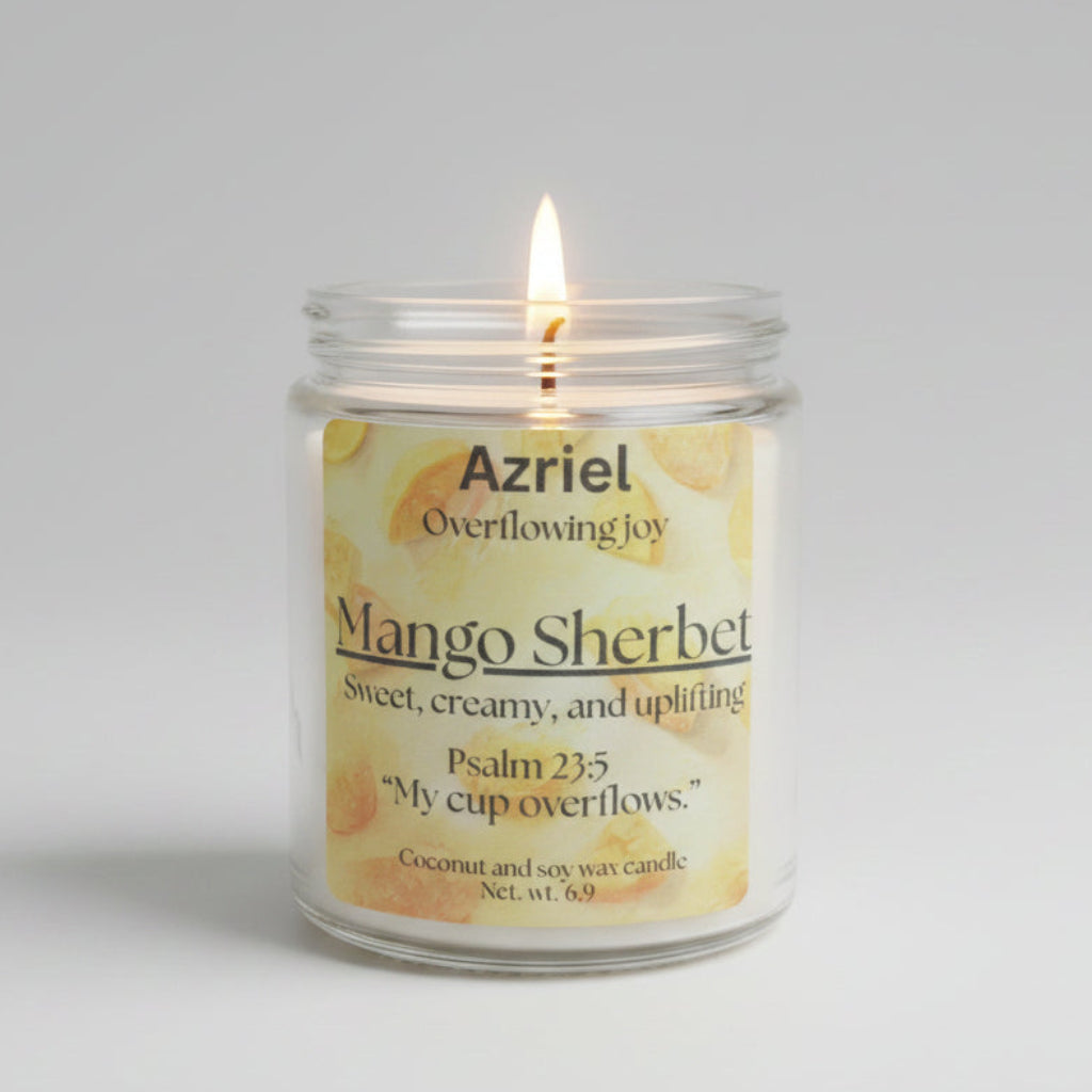 Candle in a glass jar labeled 'Azriel Mango Sherbet' on a light gray background