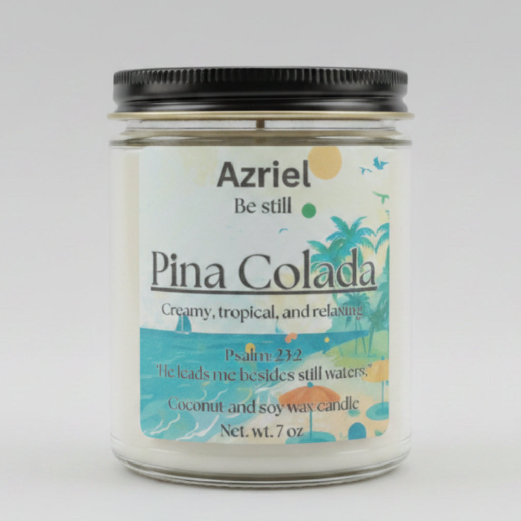 Azriel Pina Colada candle on a beige background