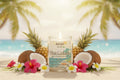 Candle labeled 'Azriel' with 'Pina Colada' flavor on a beach setting with pineapples, coconuts, and flowers.