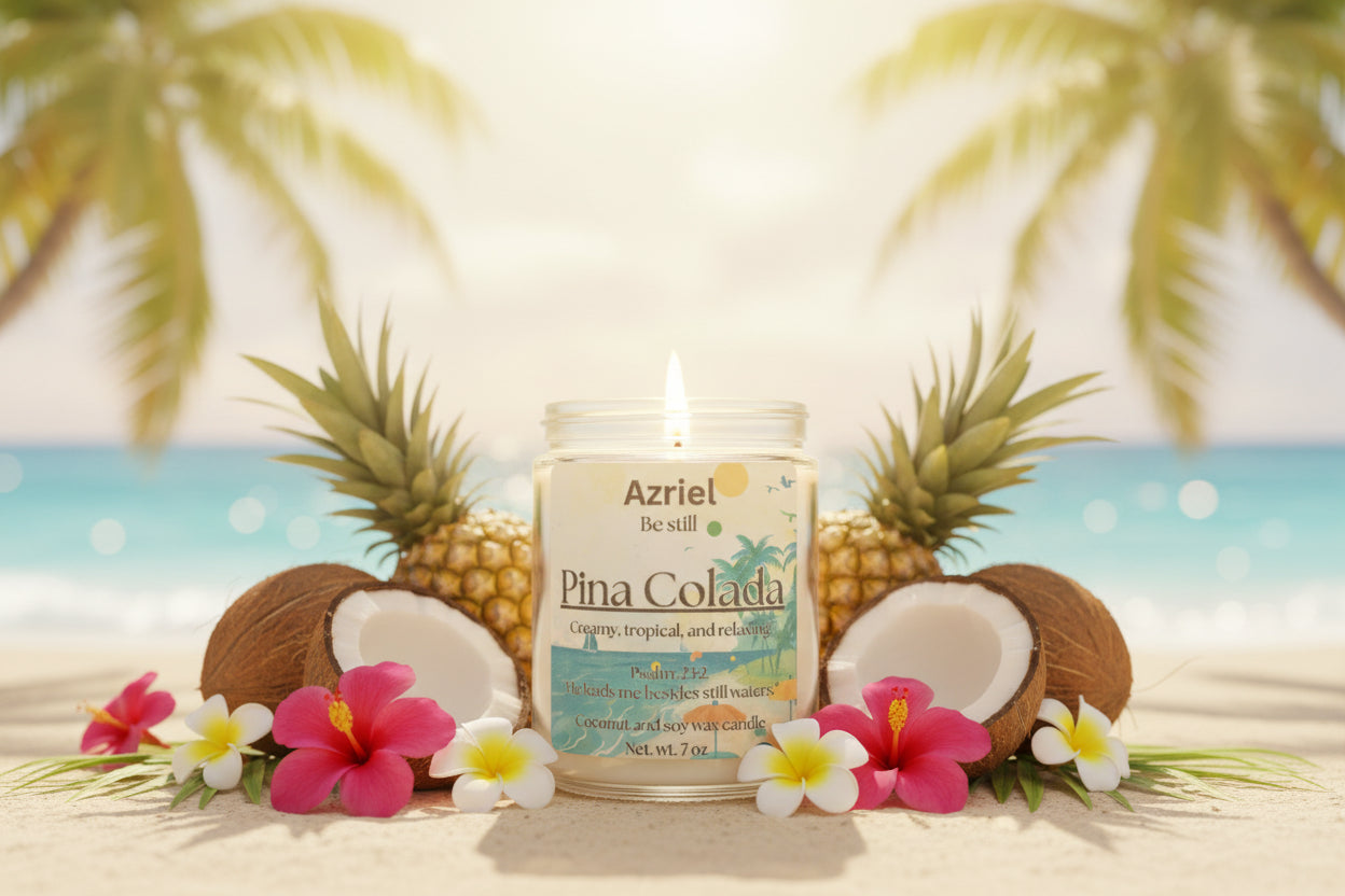 Candle labeled 'Azriel' with 'Pina Colada' flavor on a beach setting with pineapples, coconuts, and flowers.