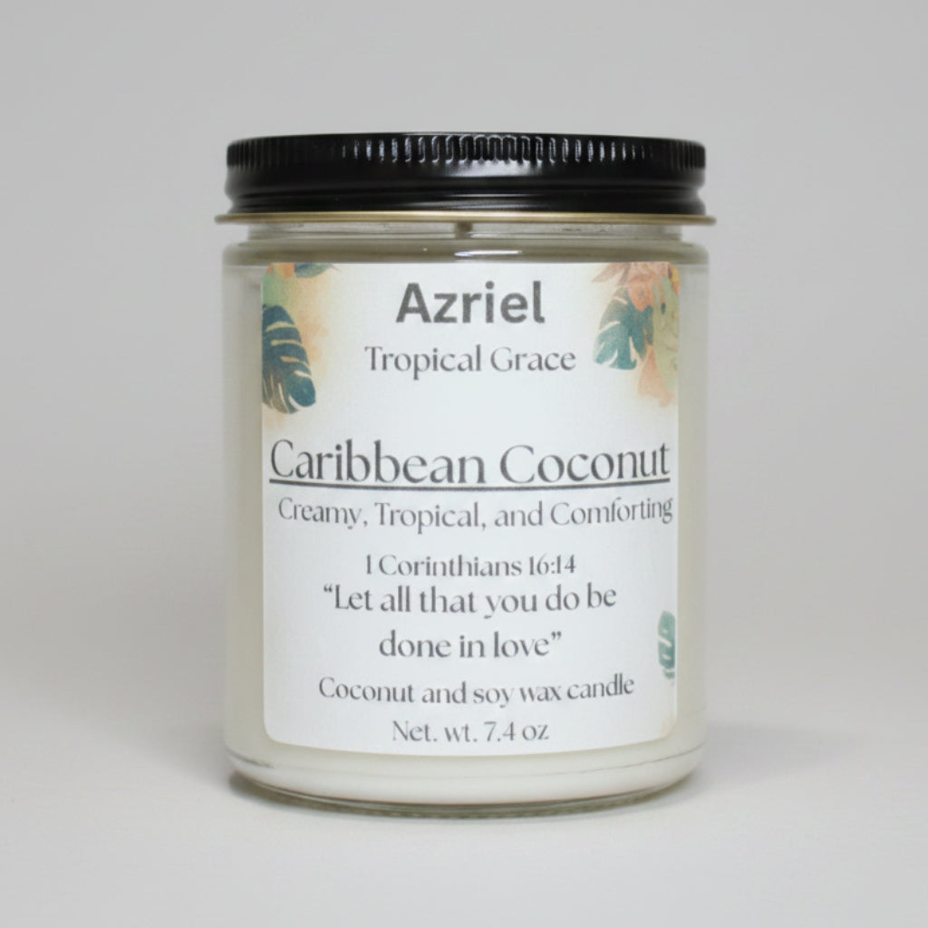Candle jar labeled 'Azriel Tropical Grace Caribbean Coconut' on a cardboard background
