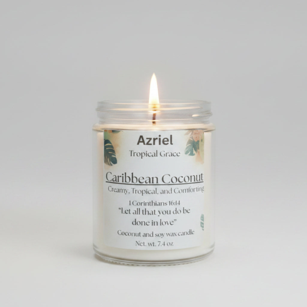 Candle in a glass jar labeled 'Azriel Caribbean Coconut' with a flame burning against a neutral background.
