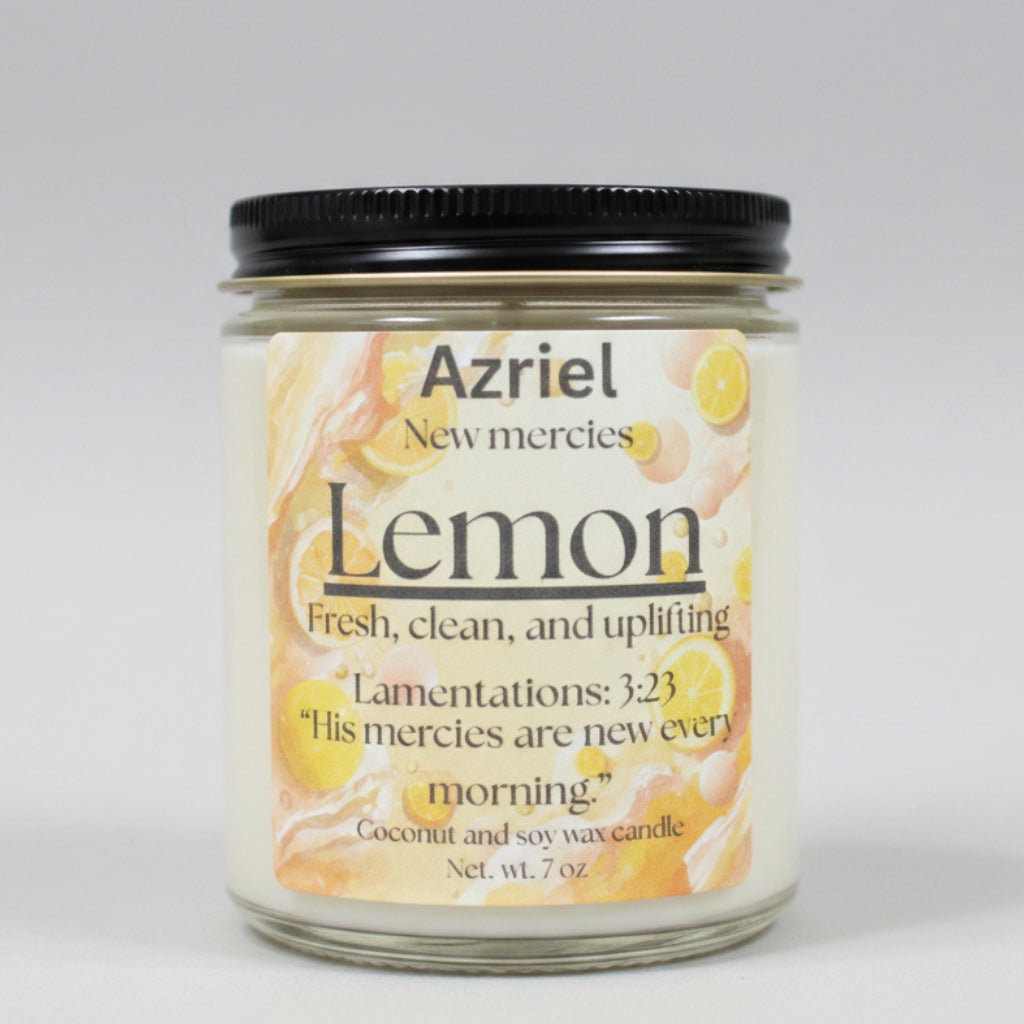 Jar of Azriel Lemon candle on a beige background