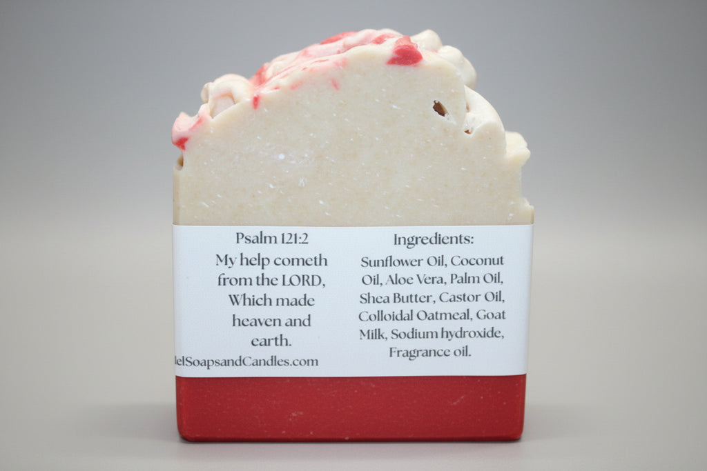 Bar of soap with a label on a wooden surface