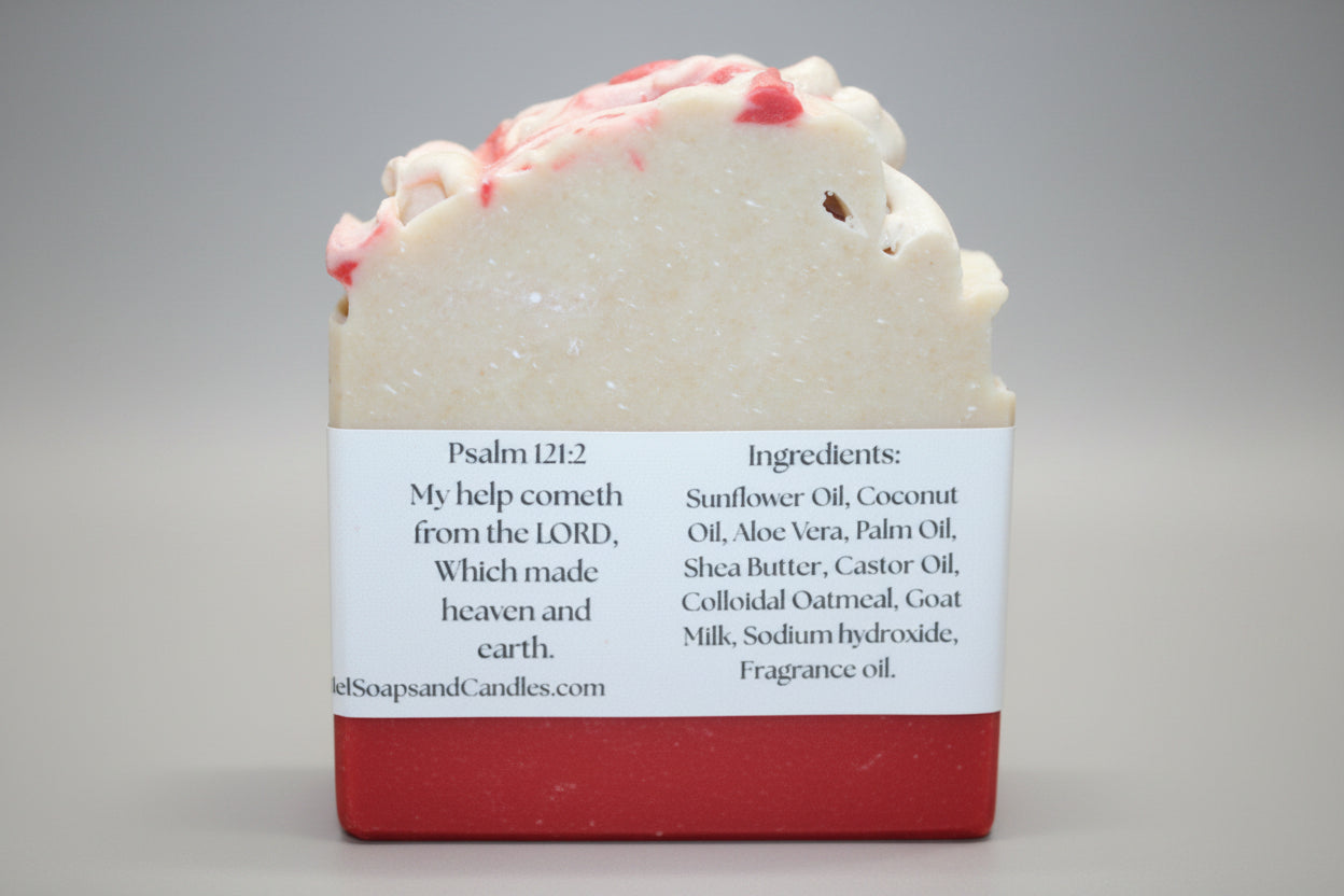 Bar of soap with a label on a wooden surface
