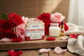 Bar of soap with 'Azriel' branding and 'Bouquet of Roses' description on a beige background
