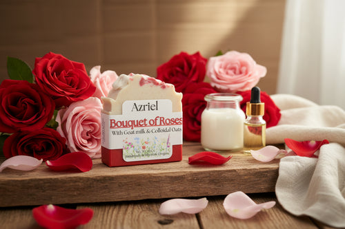 Bar of soap with 'Azriel' branding and 'Bouquet of Roses' description on a beige background