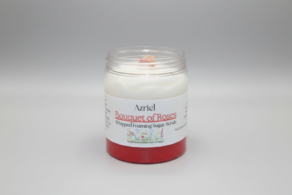 Jar of Azriel Bouquet of Roses whipped foaming sugar scrub on a brown background