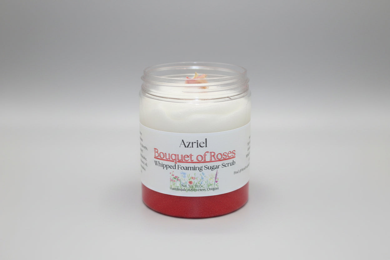 Jar of Azriel Bouquet of Roses whipped foaming sugar scrub on a brown background