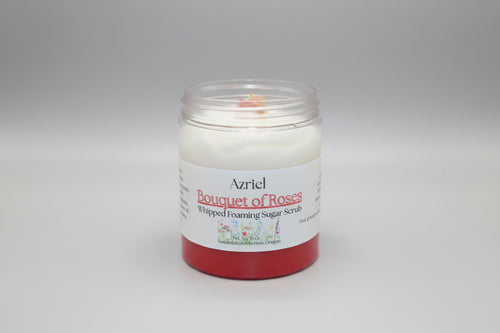 Jar of Azriel Bouquet of Roses whipped foaming sugar scrub on a brown background