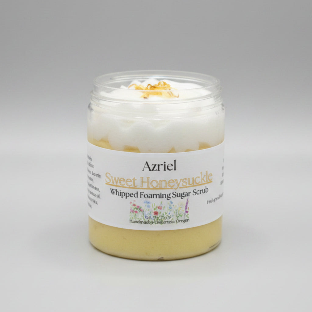 Jar of Azriel Sweet Honeysuckle whipped foaming sugar scrub on a beige background