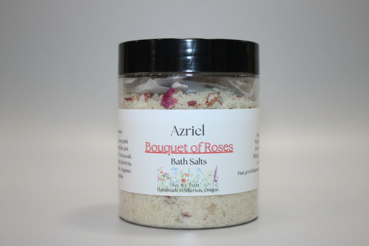 Jar of Azriel Bouquet of Roses Bath Salts on a textured surface