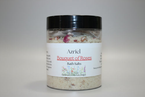 Jar of Azriel Bouquet of Roses Bath Salts on a textured surface