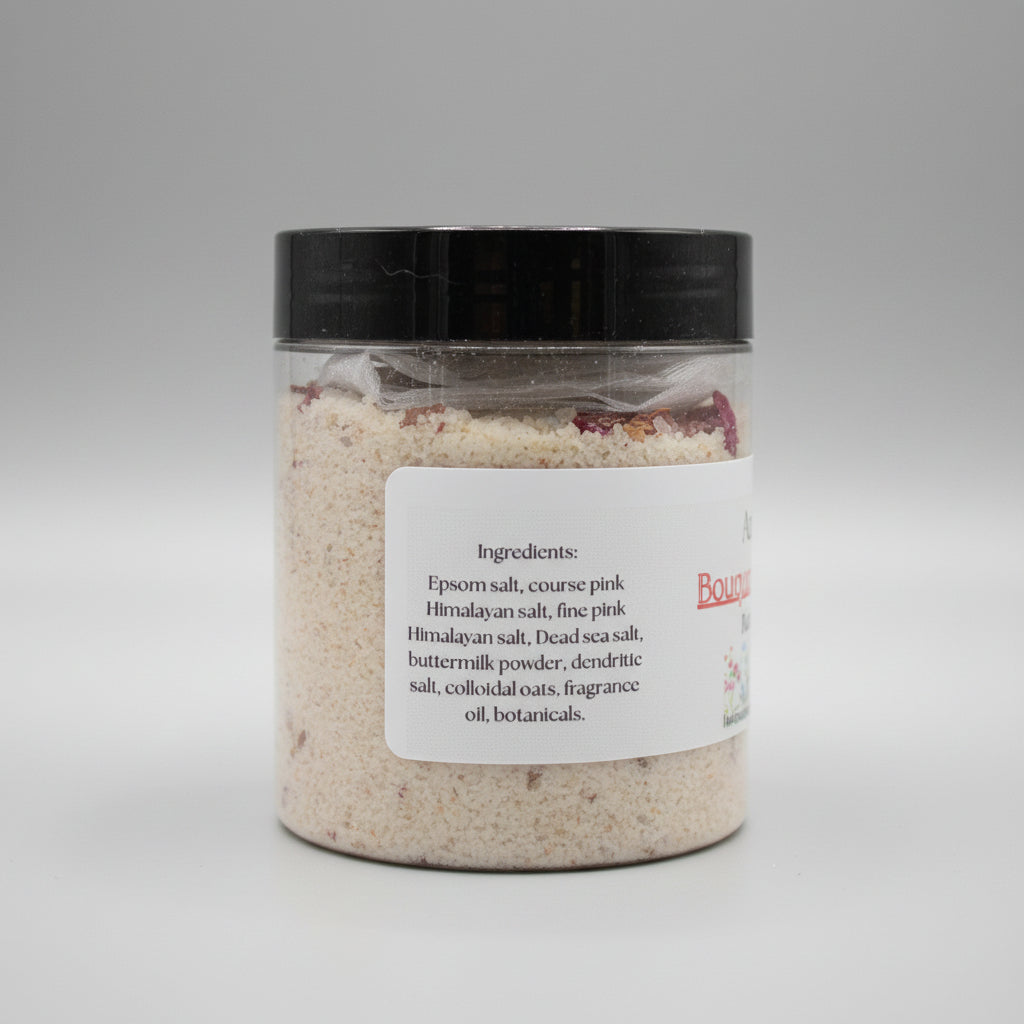 Jar of bath salts with a label on a beige surface