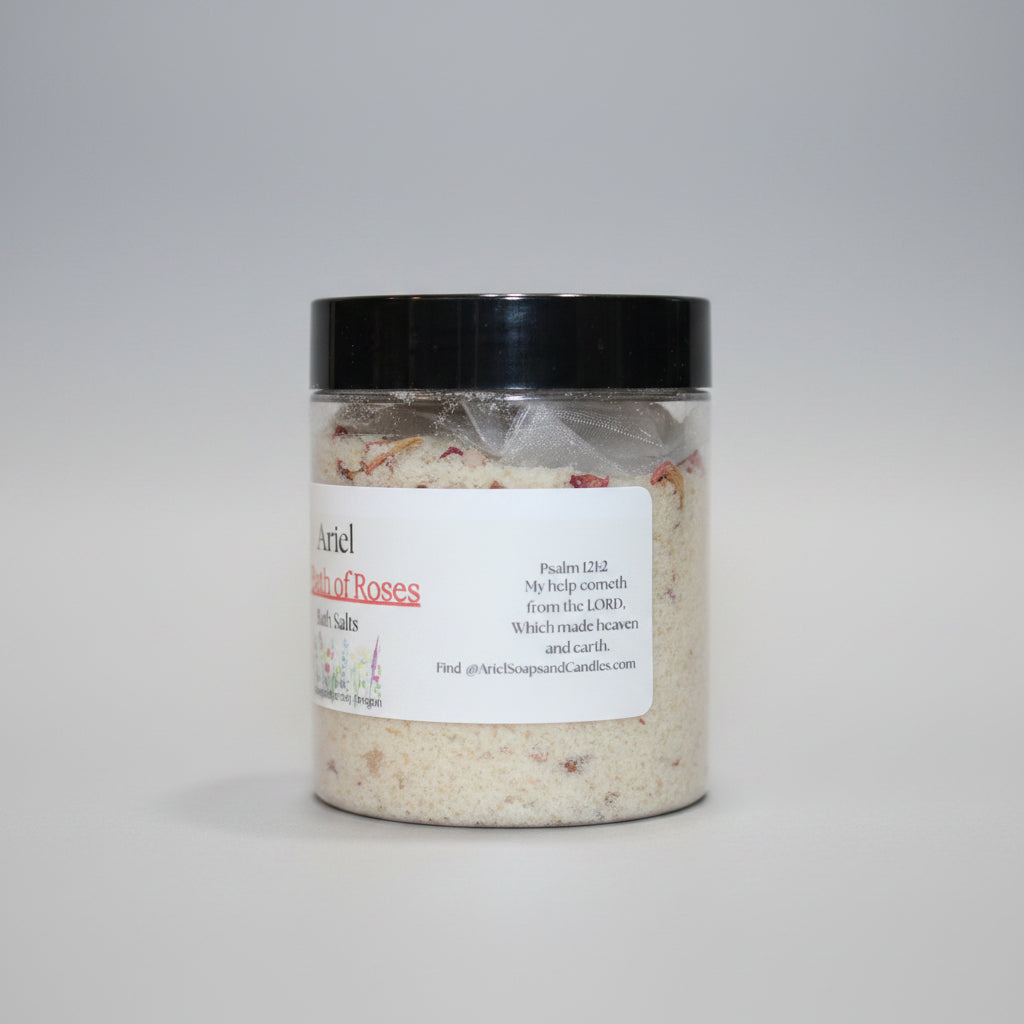 Jar of bath salts with a label on a neutral background