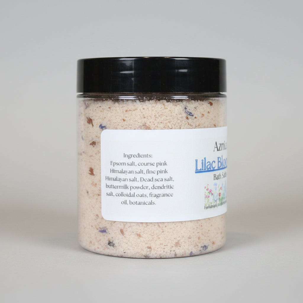 Jar of bath salts with a label on a beige background