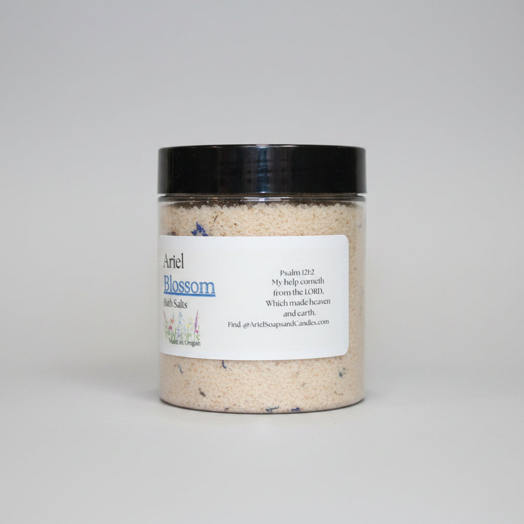 Jar of bath salts with a label on a beige background
