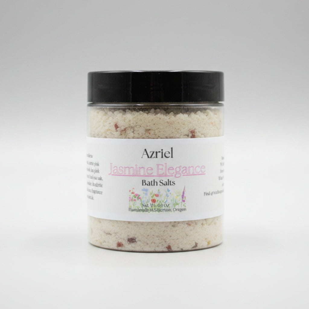 Jar of Azriel Jasmine Elegance bath salts on a wooden surface