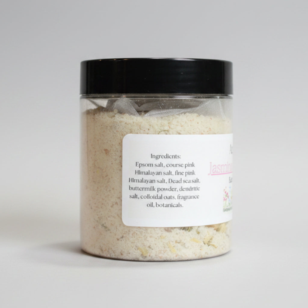 Jar of bath salts with a label on a textured surface