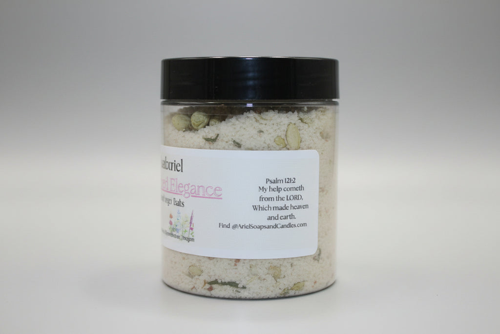 Jar of bath salts with a label on a beige background