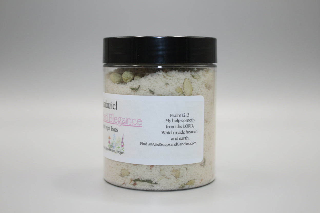 Jar of bath salts with a label on a beige background