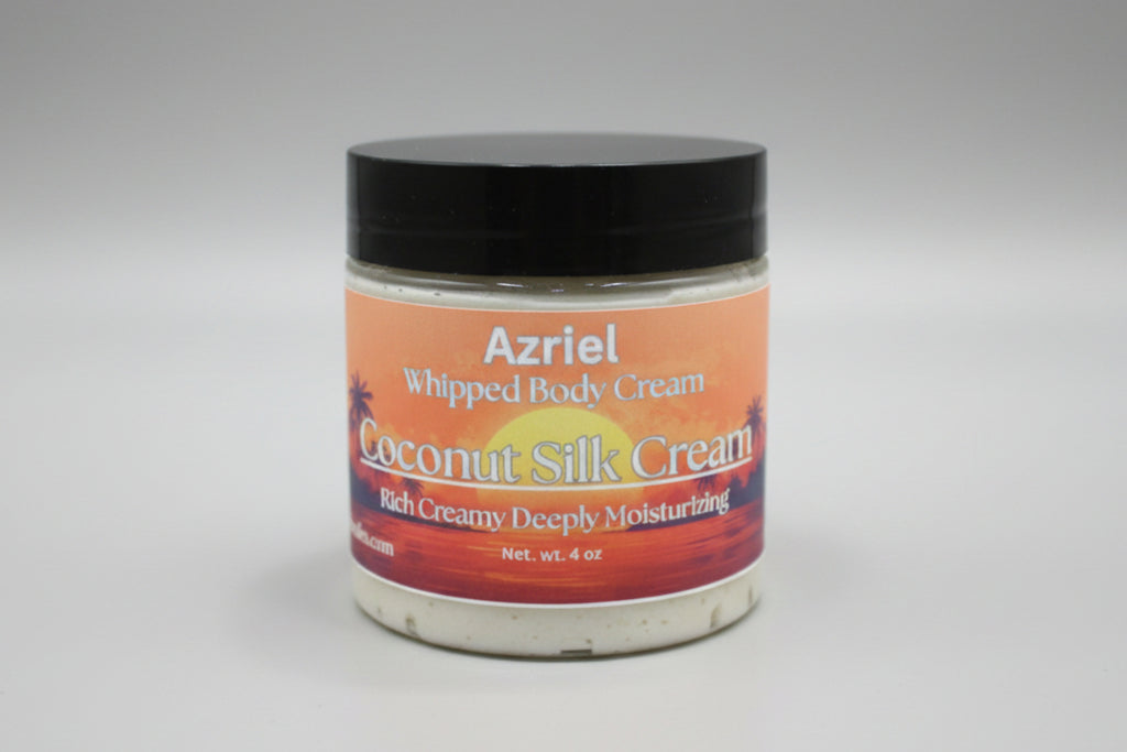 Jar of Azriel Coconut Silk Cream on a beige background